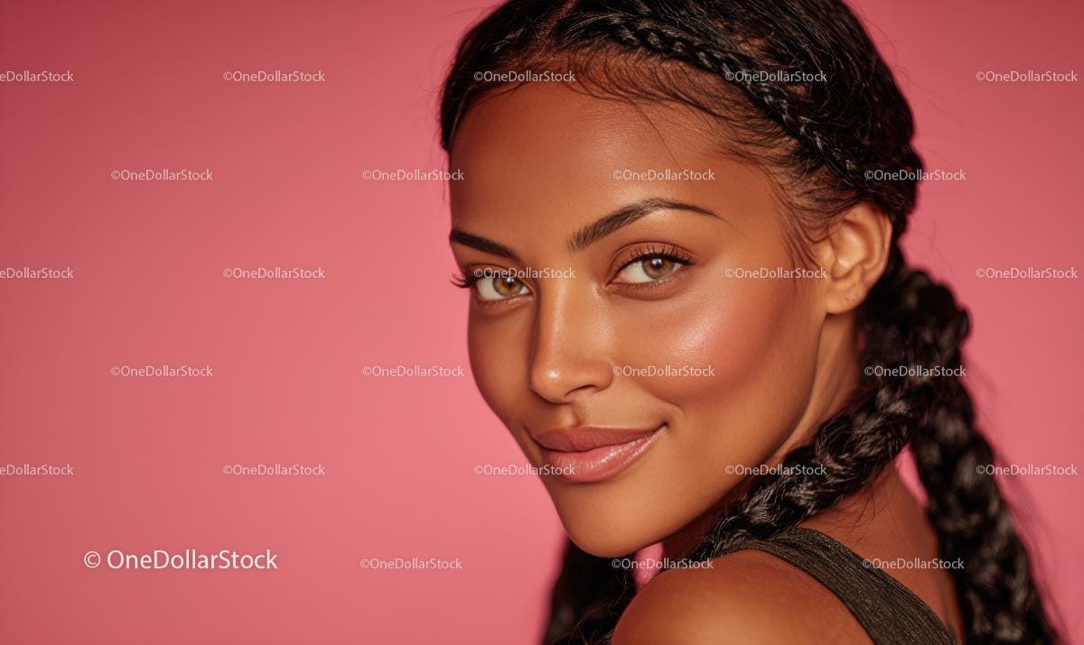 Portrait of Smiling Woman with Braided Hair on Pink Background