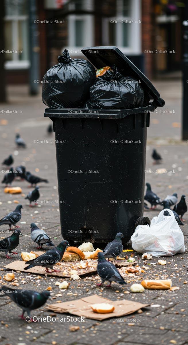 Overflowing Garbage Bin Surrounded by Pigeons