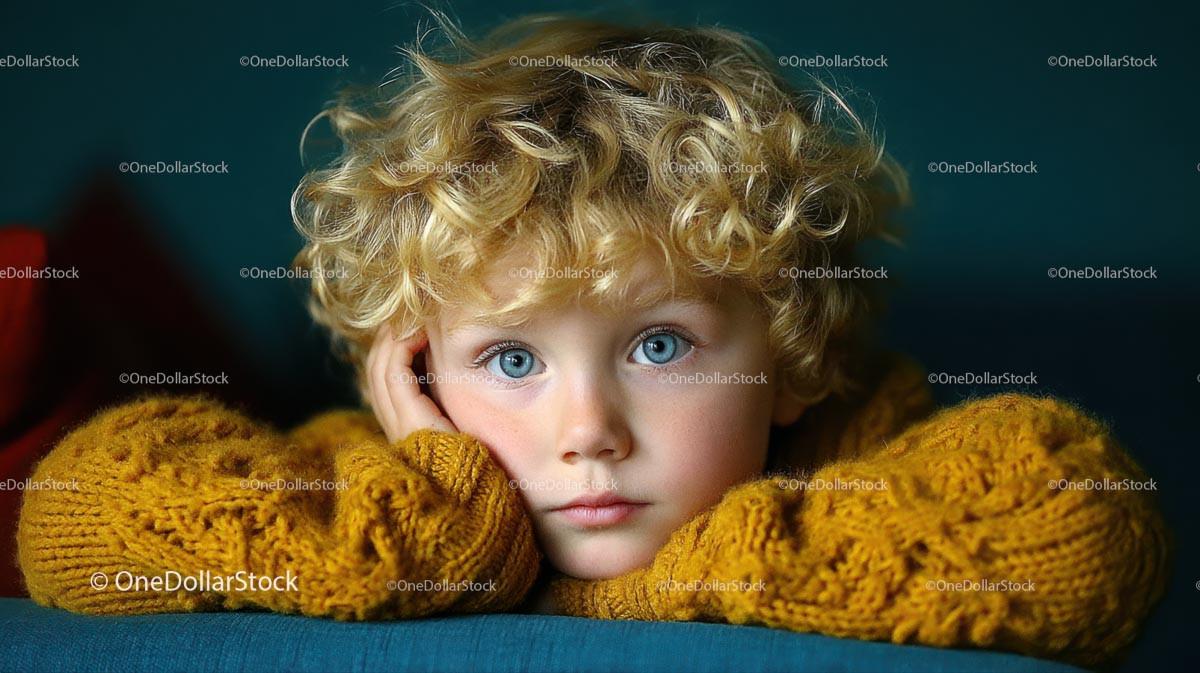 Thoughtful Child with Curly Blond Hair in Cozy Sweater