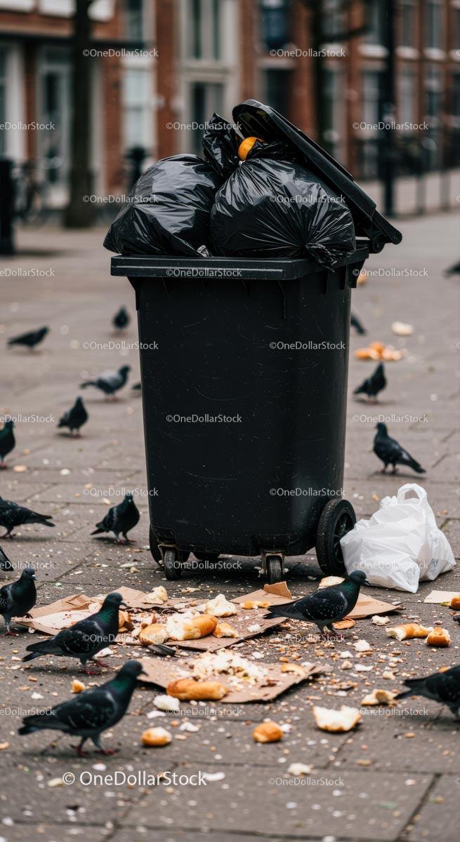 Overflowing Garbage Bin with Pigeons in Urban Setting
