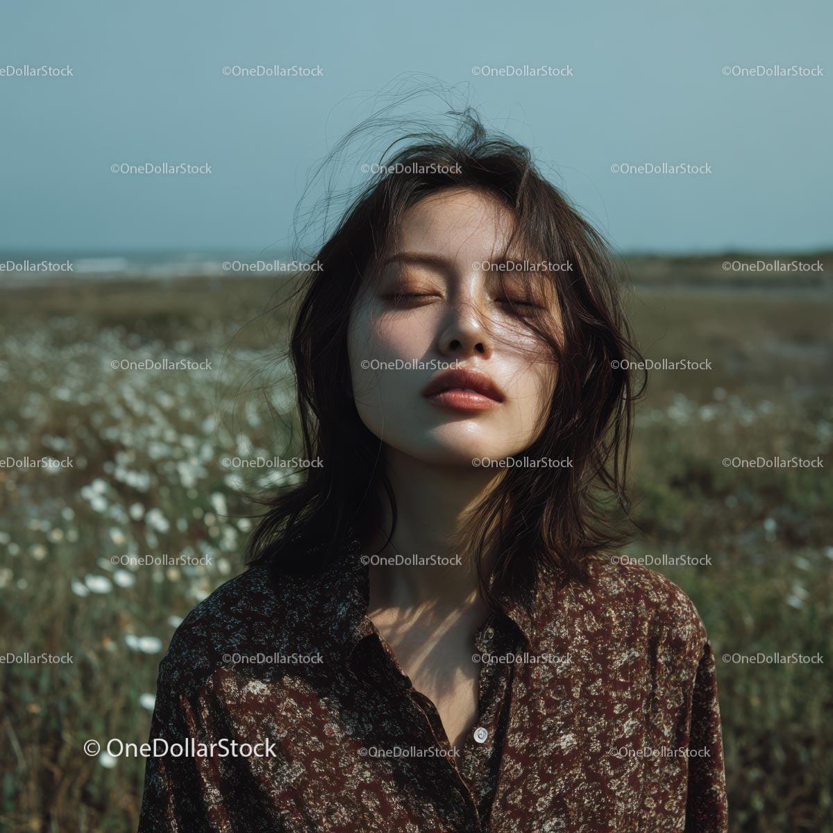 Serene Woman Posing in a Field of Wildflowers