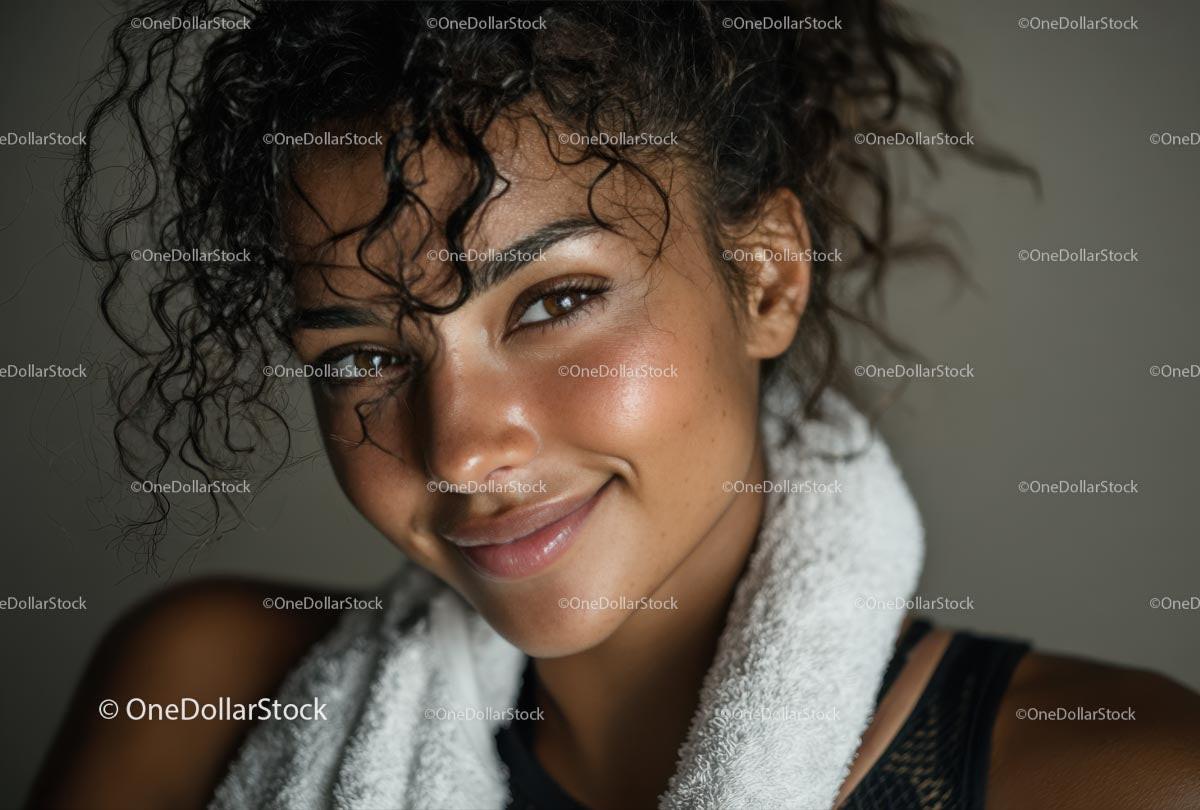 Smiling Woman with Curly Hair and Fitness Towel