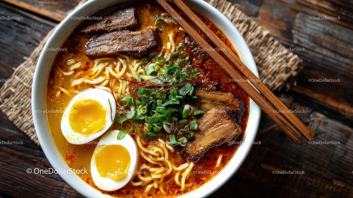 Spicy Ramen Bowl with Pork Belly and Boiled Eggs Stock Photo Bundle preview 12
