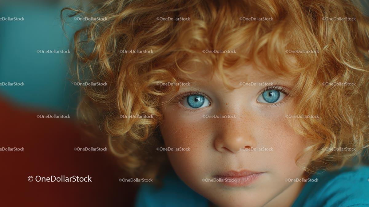 Portrait of a Child with Curly Ginger Hair and Blue Eyes