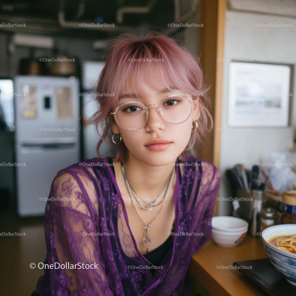 Young Woman with Pink Hair Relaxing in Modern Kitchen