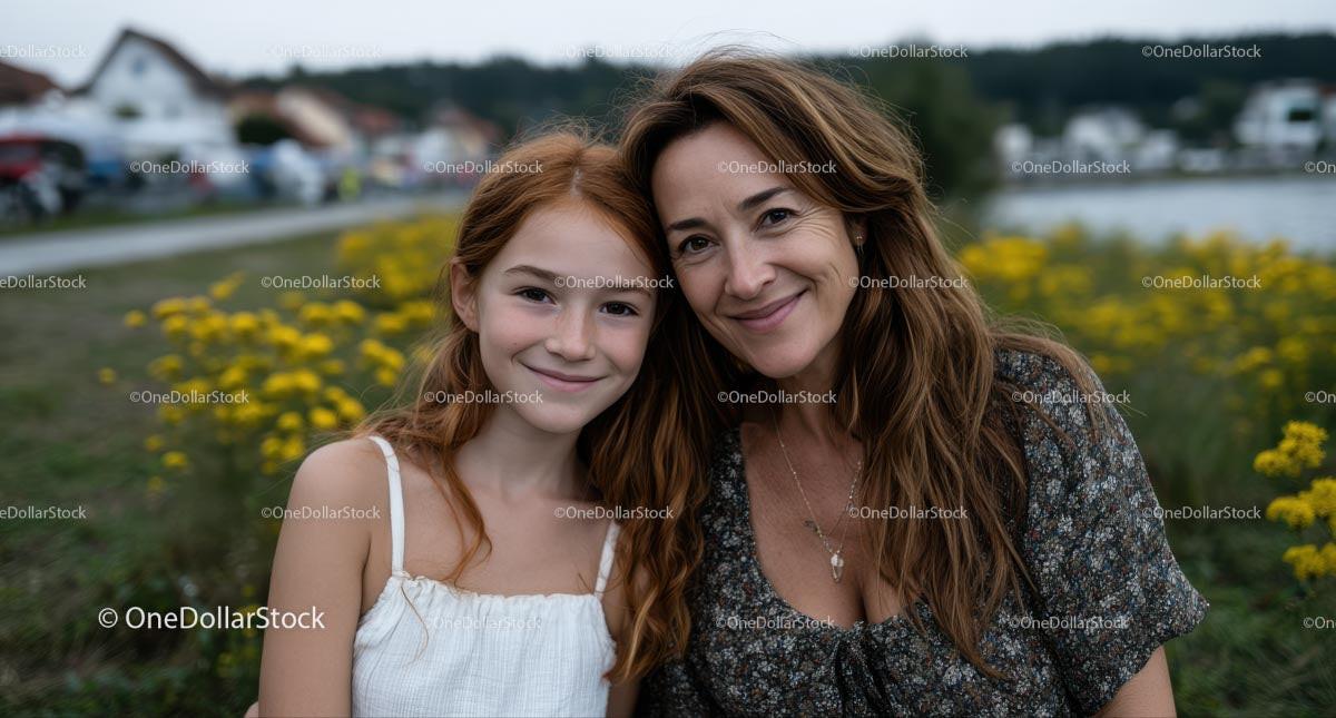 Mother and Daughter Smiling in a Field of Yellow Flowers