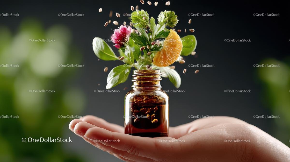 Aromatic Essential Oil Bottle with Fresh Herbs and Citrus Stock Photo Bundle preview 12