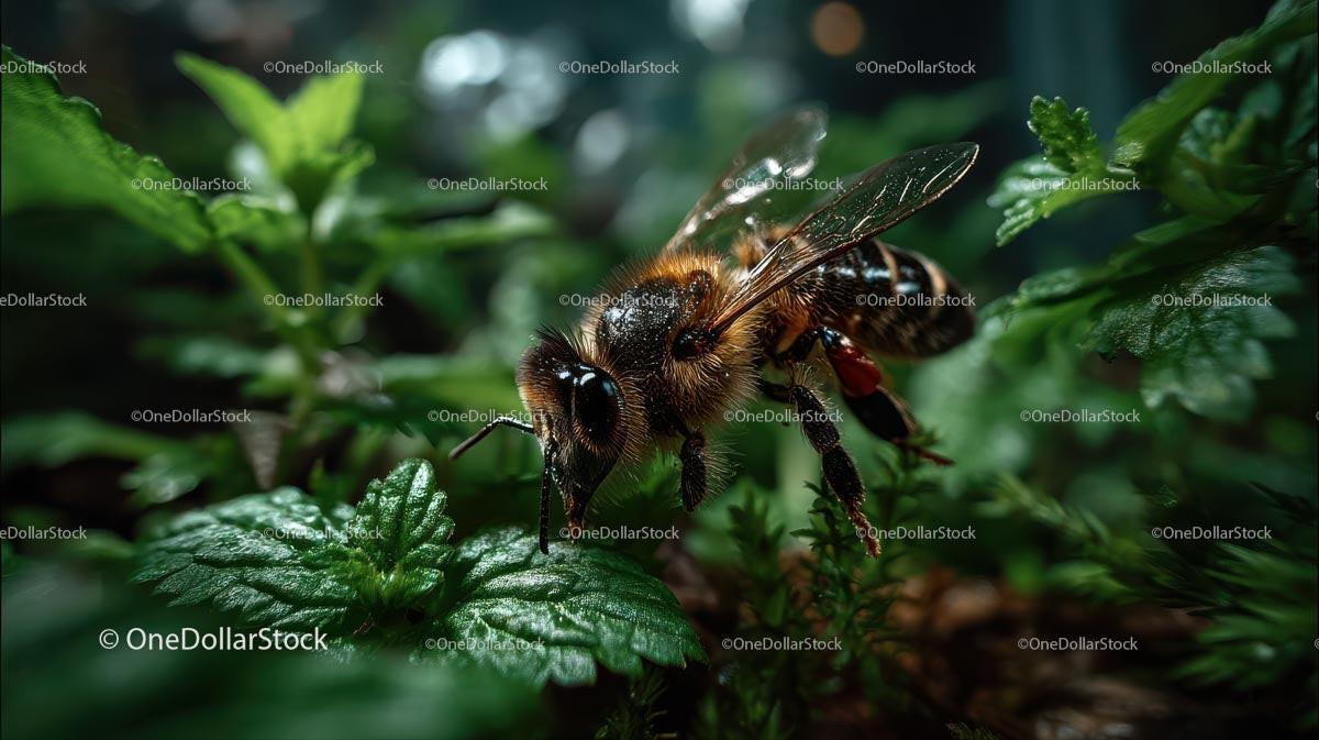 Closeup of Honeybee on Green Leaf in Garden