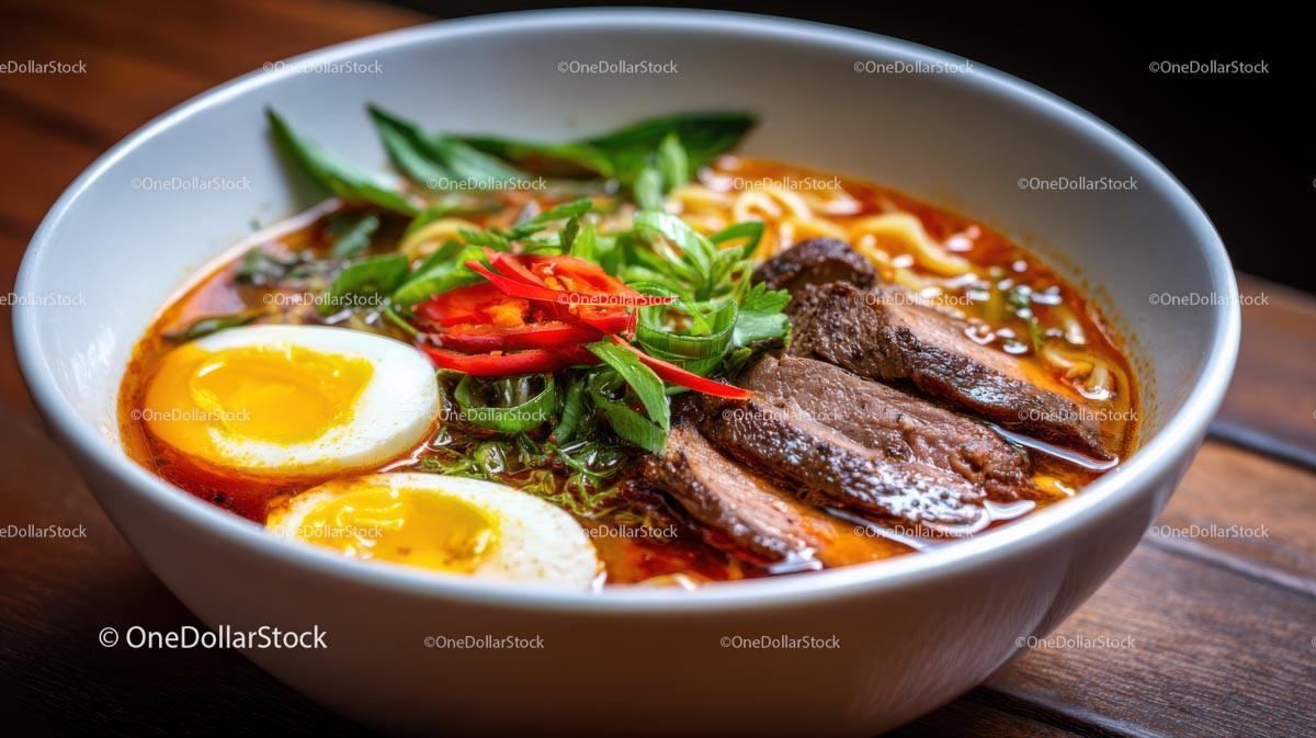Spicy Ramen Bowl with Pork Belly and Boiled Eggs Stock Photo Bundle preview 13