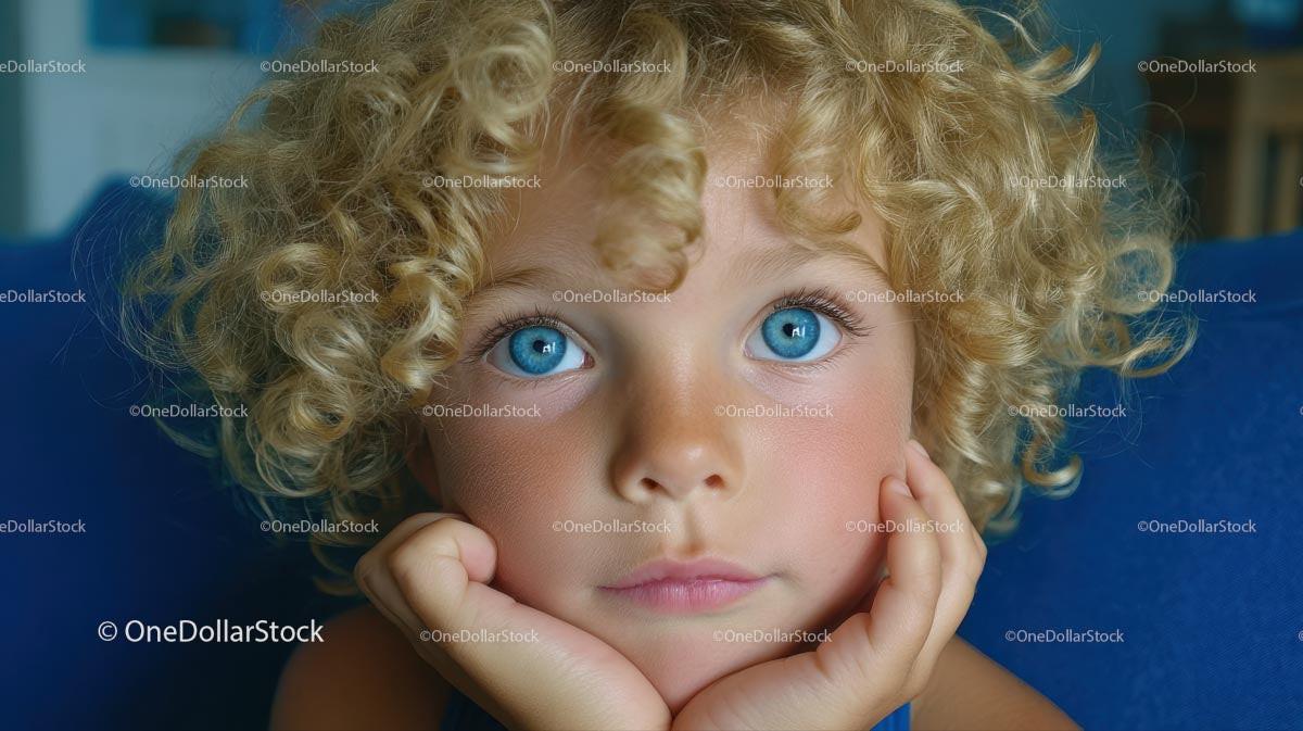 Portrait of a Child with Curly Blonde Hair and Blue Eyes