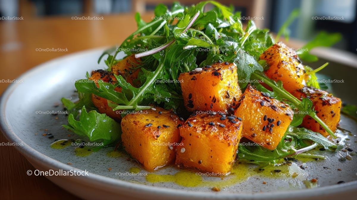 Roasted Butternut Squash and Arugula Salad on Rustic Plate