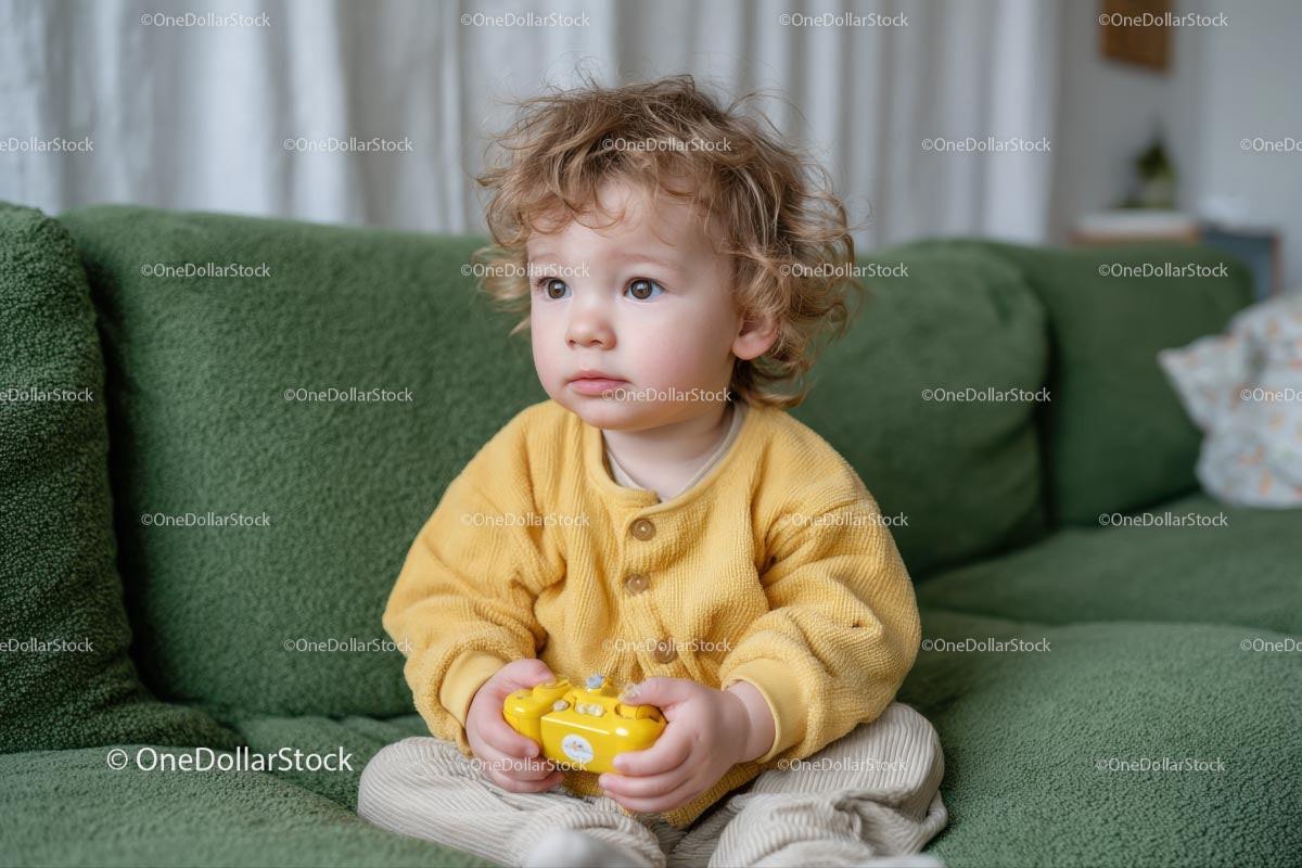 Curly-Haired Toddler Playing with Video Game Controller