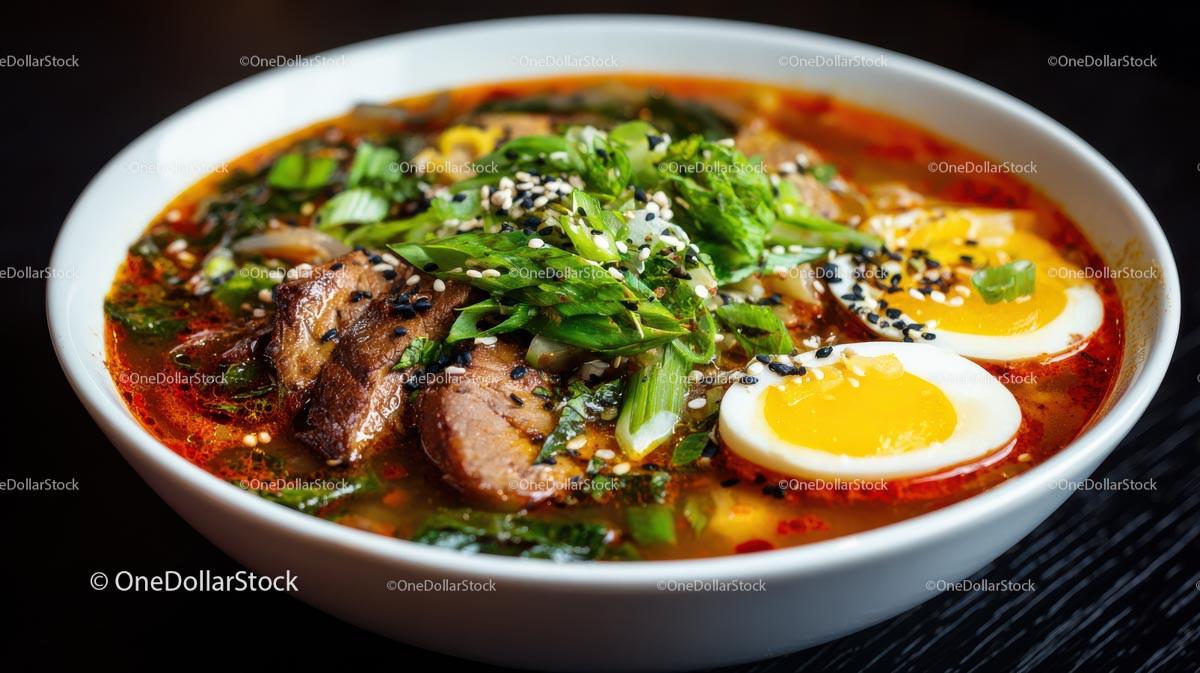 Spicy Ramen Bowl with Pork Belly and Boiled Eggs Stock Photo Bundle preview 15