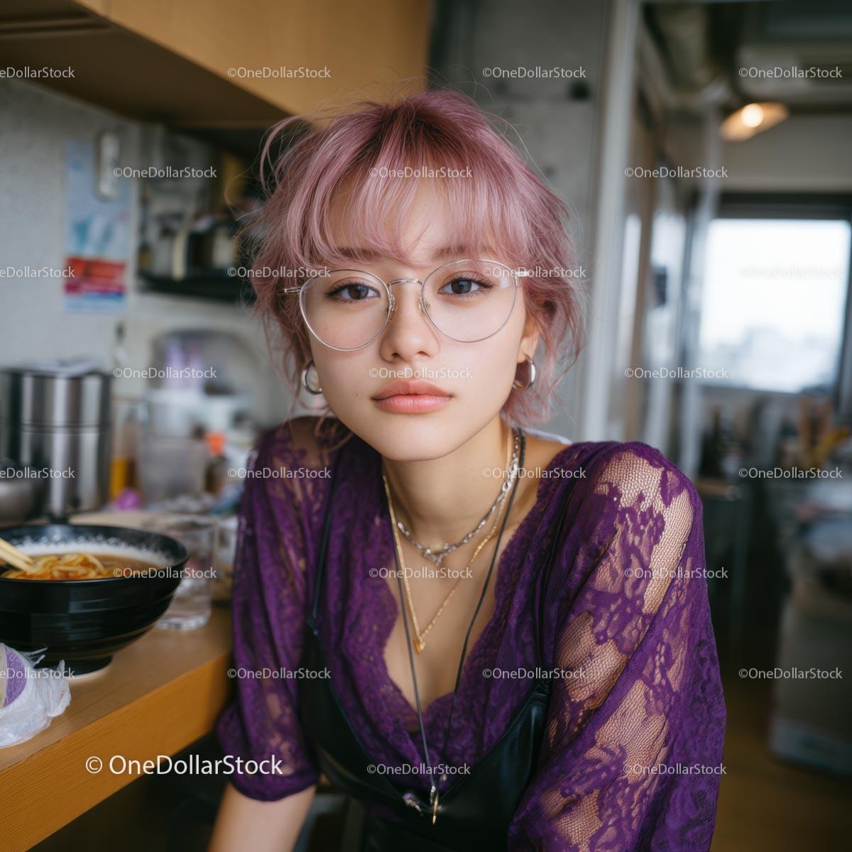 Young Woman with Pink Hair and Purple Lace Dress