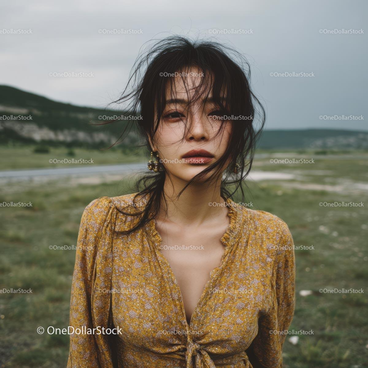 Young Woman in Yellow Dress in Breezy Open Field