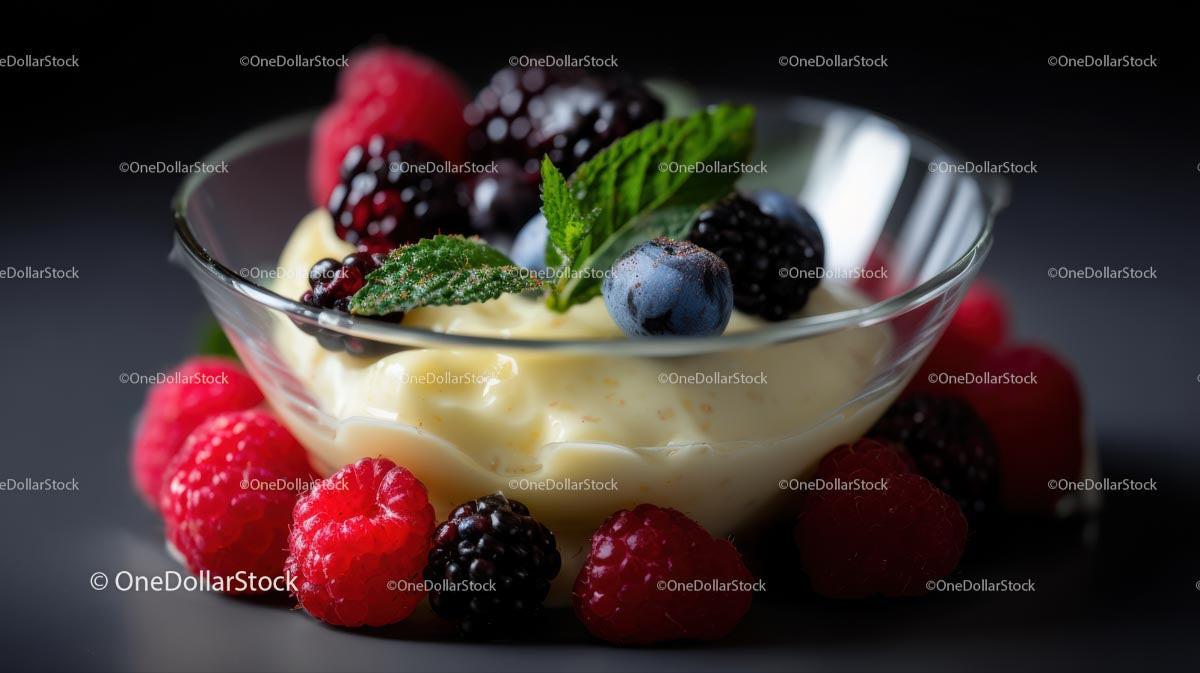 Berry Medley with Creamy Dessert in Glass Bowl