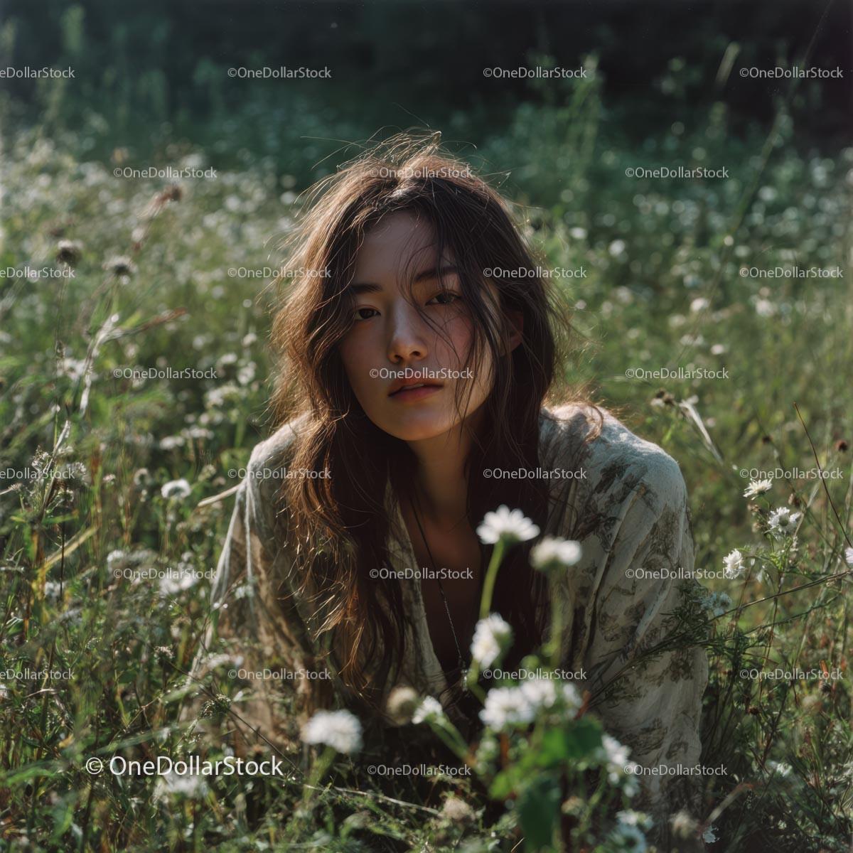 Woman Enjoying a Tranquil Moment in a Meadow