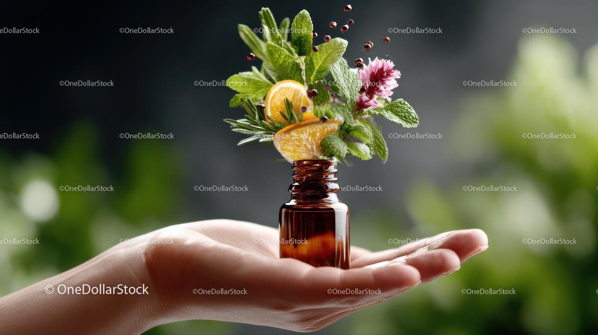 Aromatic Essential Oil Bottle with Fresh Herbs and Citrus Stock Photo Bundle preview 16