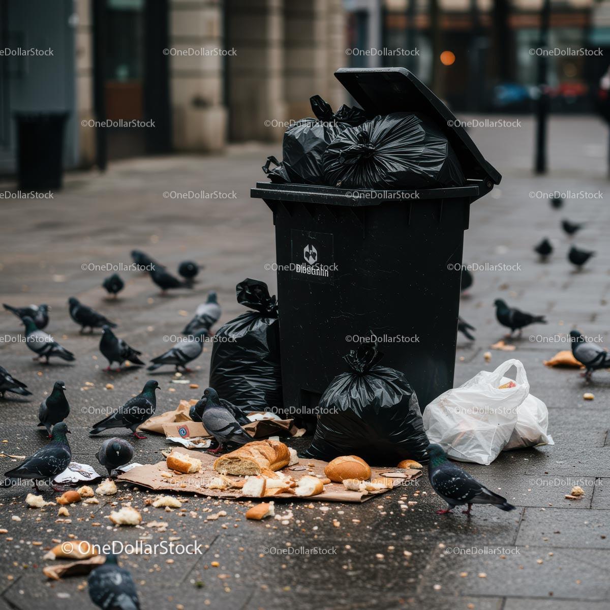 Urban Pigeons Feeding on Overflowing Trash in City Street