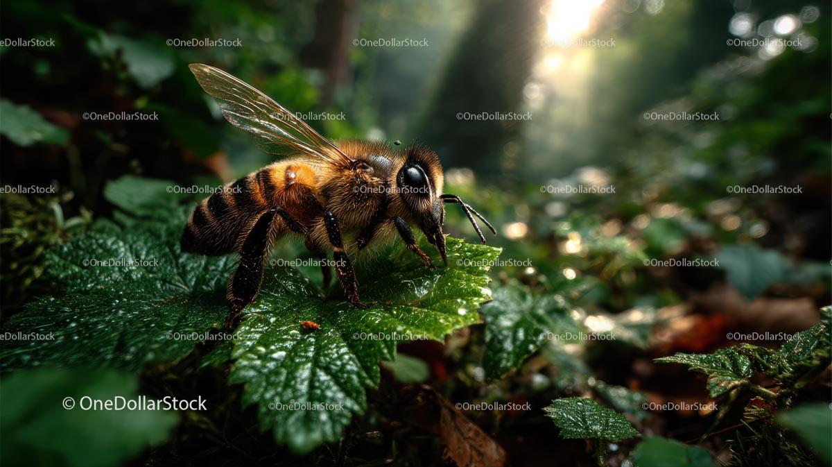 Honeybee Resting on Dewy Forest Leaves