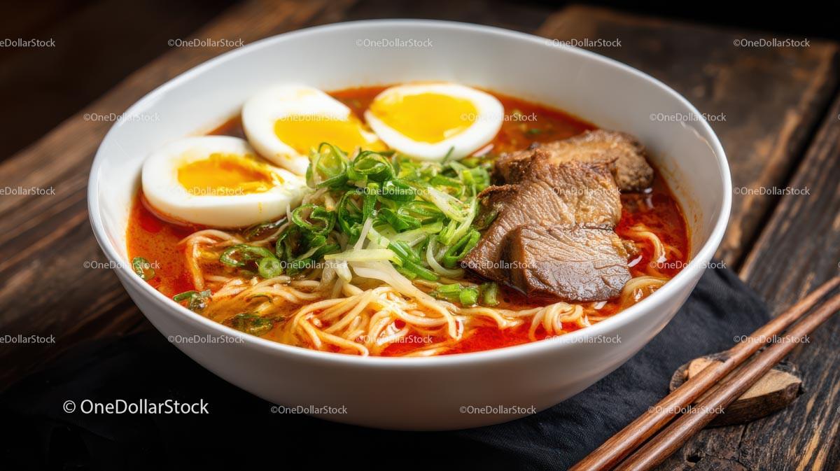 Delicious Bowl of Spicy Ramen with Boiled Eggs and Pork