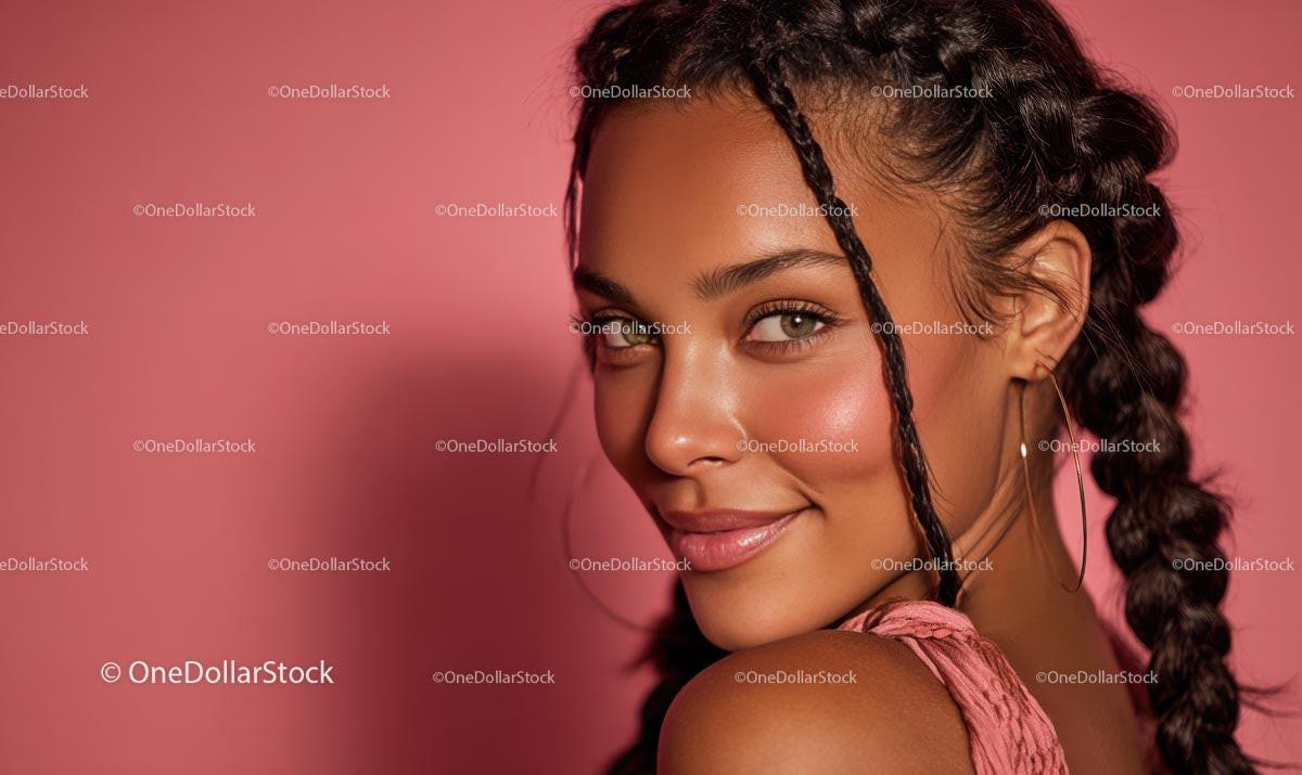 Charming Woman with Braided Hair Against Pink Background