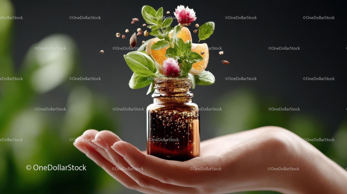 Aromatic Essential Oil Bottle with Fresh Herbs and Citrus Stock Photo Bundle preview 20