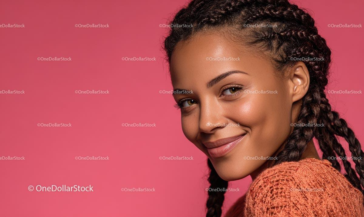 Smiling Woman with Braided Hair on Pink Background