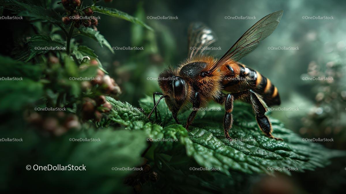 Close-Up of Honeybee on Vibrant Green Leaves