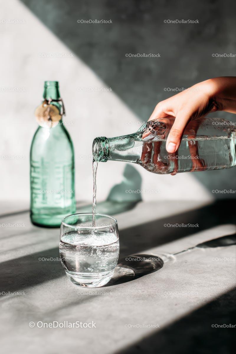Pouring Water into a Glass with Sunlit Reflections Stock Photo Bundle preview 23