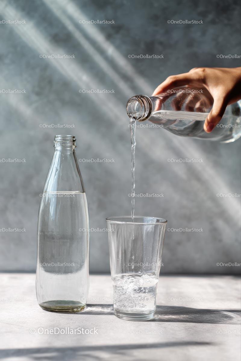 Pouring Water into a Glass with Sunlit Reflections Stock Photo Bundle preview 24