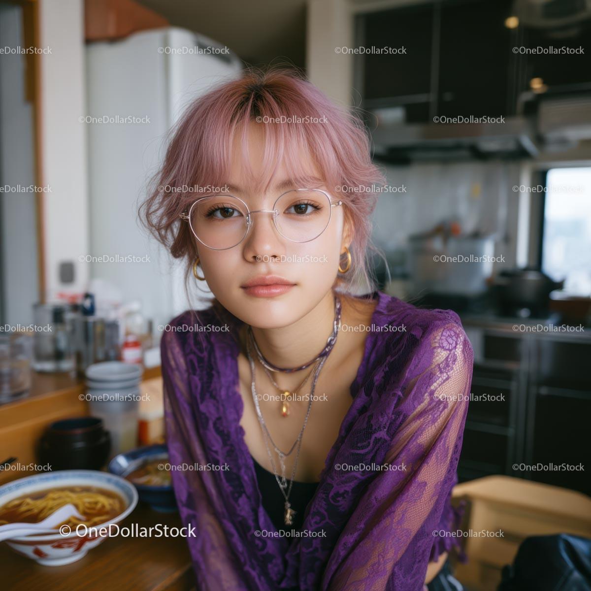 Stylish Young Woman with Pink Hair and Glasses in Kitchen