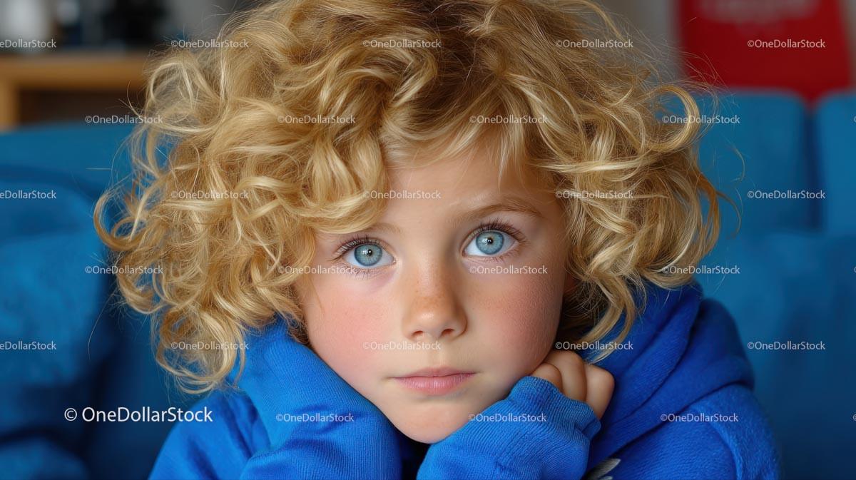 Blonde Child with Curly Hair and Blue Eyes in a Blue Hoodie