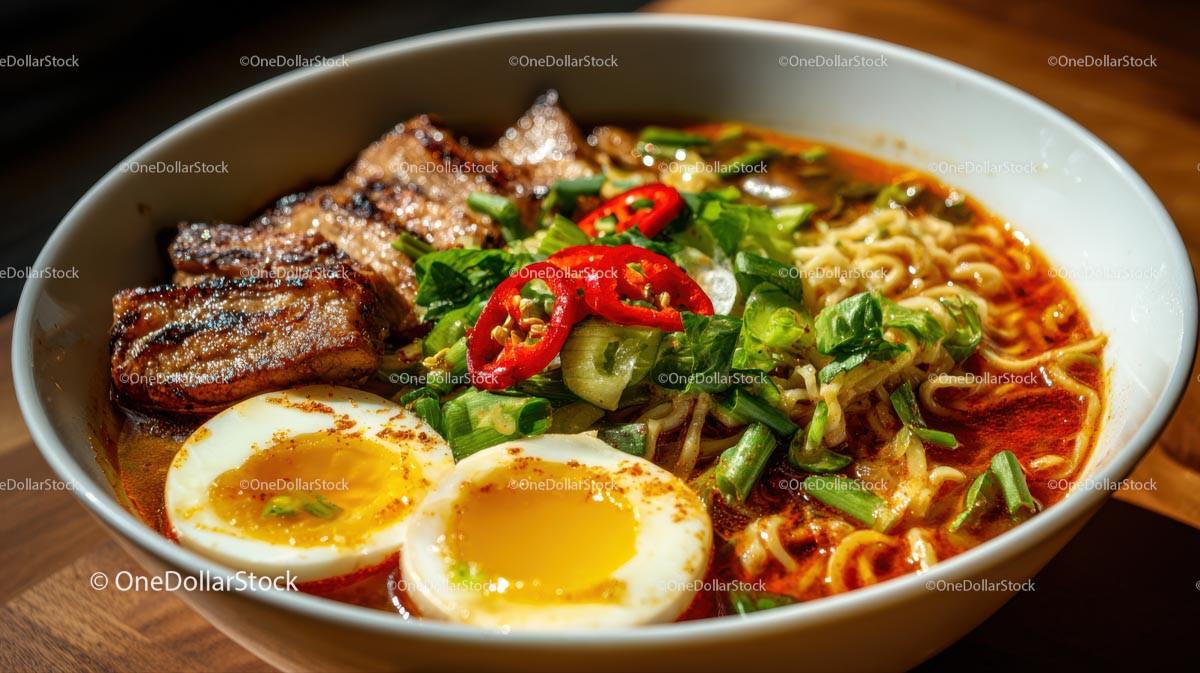 Spicy Ramen Bowl with Pork Belly and Boiled Eggs Stock Photo Bundle preview 25