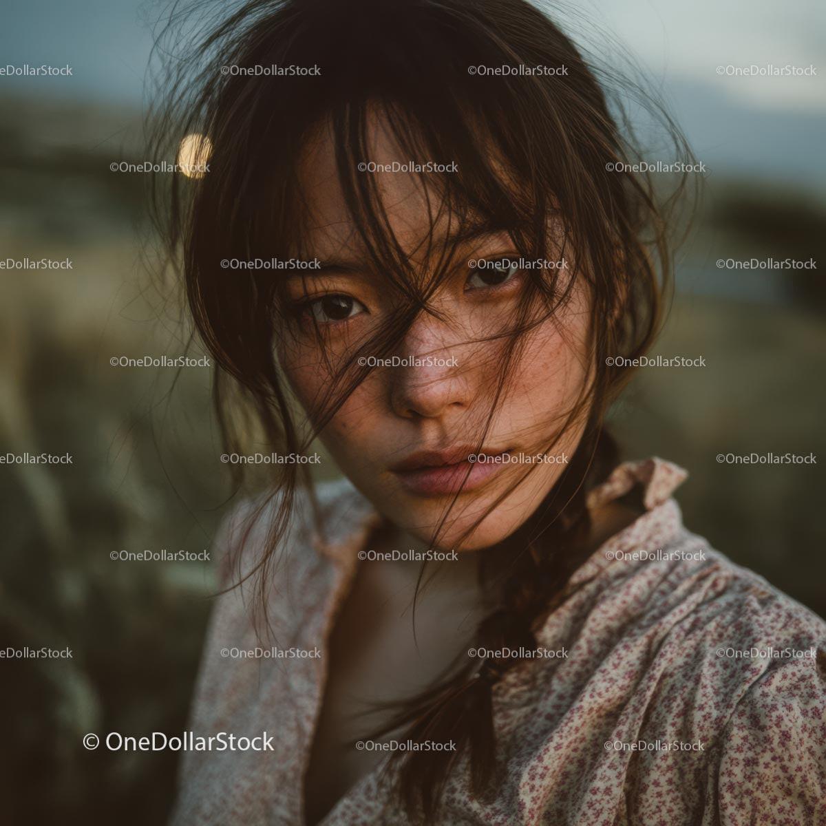Serene Portrait of a Young Woman in a Breezy Landscape