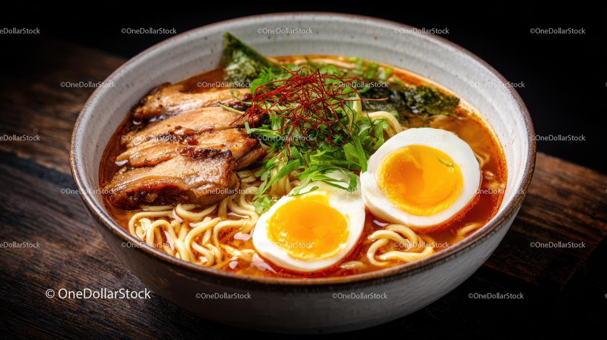 Spicy Ramen Bowl with Pork Belly and Boiled Eggs Stock Photo Bundle preview 26