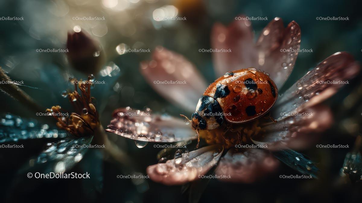 Ladybug on Dew-Covered Flower Petals in Morning Light