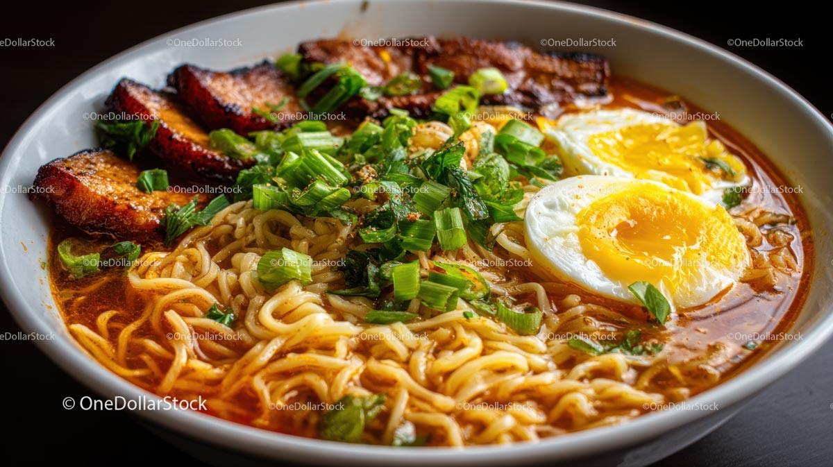 Spicy Ramen Bowl with Pork Belly and Boiled Eggs Stock Photo Bundle preview 27