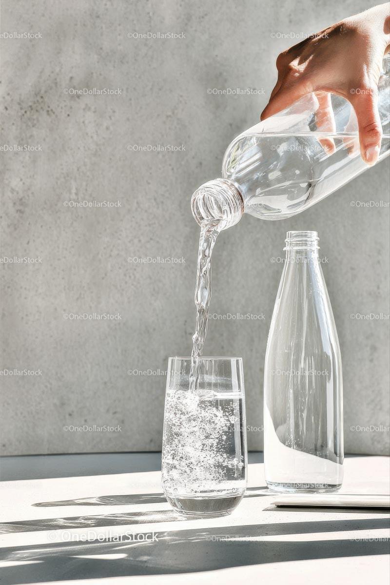 Pouring Water into a Glass with Sunlit Reflections Stock Photo Bundle preview 28
