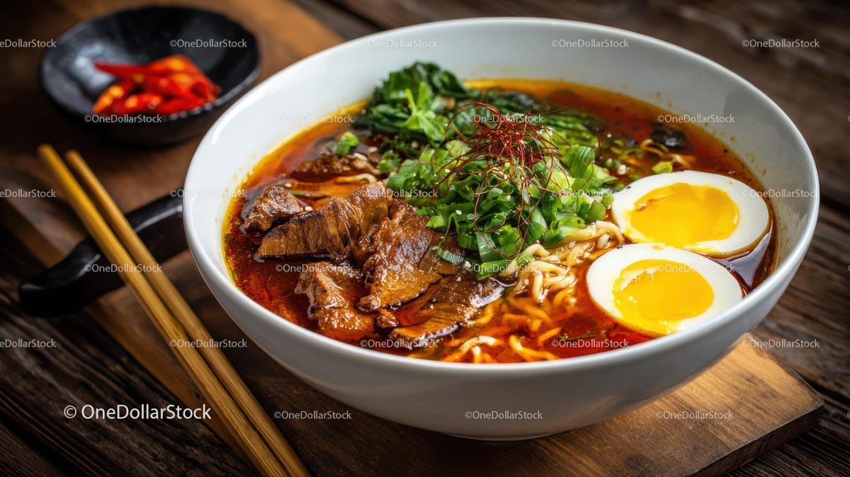 Spicy Ramen Bowl with Pork Belly and Boiled Eggs Stock Photo Bundle preview 28