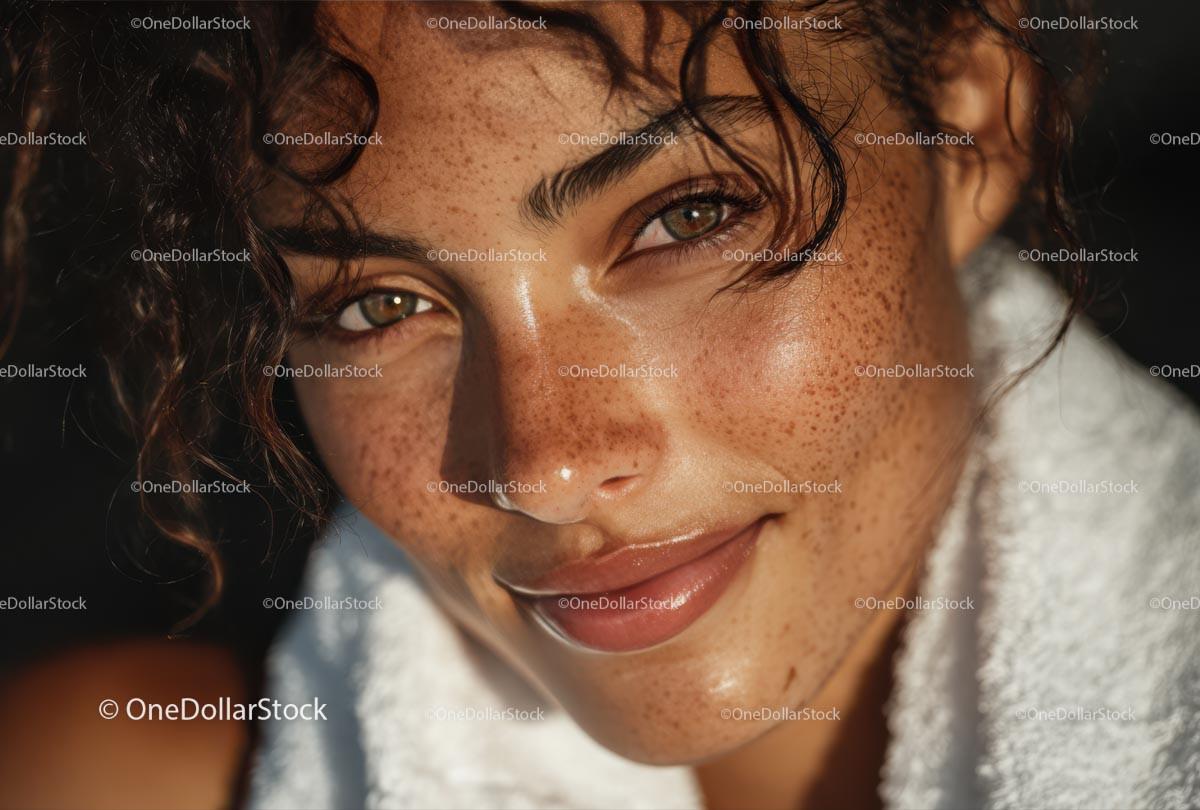 Close-Up Portrait of a Smiling Woman with Freckles