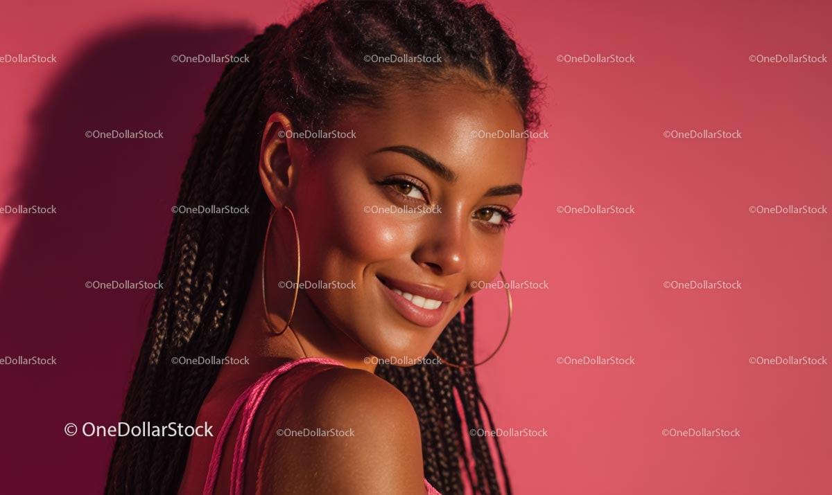 Smiling Woman with Braided Hair Against Pink Backdrop