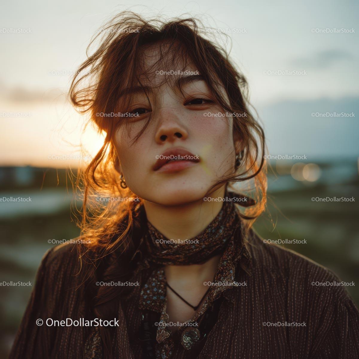Young Woman in Warm Sunset Light with Windblown Hair