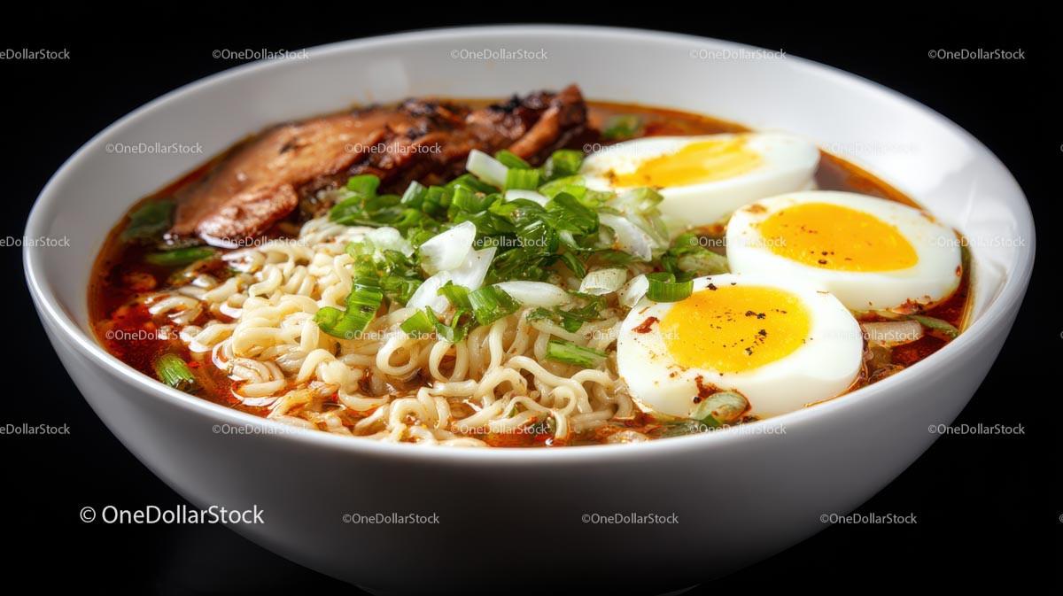 Spicy Ramen Bowl with Pork Belly and Boiled Eggs Stock Photo Bundle preview 30