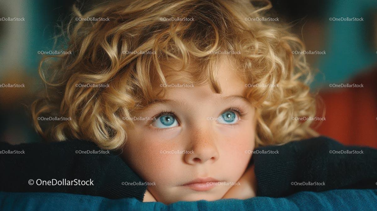 Adorable Child with Curly Blonde Hair and Blue Eyes