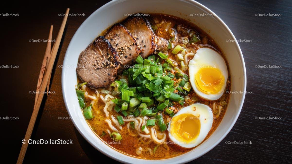 Spicy Ramen Bowl with Pork Belly and Boiled Eggs Stock Photo Bundle preview 31