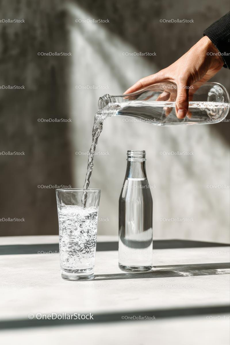 Pouring Water into a Glass with Sunlit Reflections Stock Photo Bundle preview 31