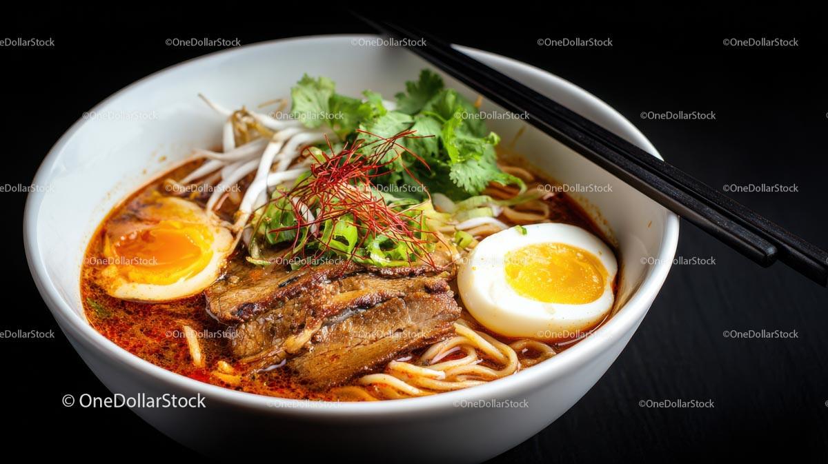 Spicy Ramen Bowl with Pork Belly and Boiled Eggs Stock Photo Bundle preview 32