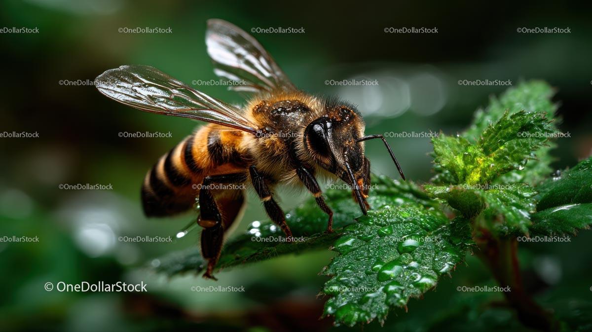 Close-Up of Honey Bee on Dew-Covered Green Leaves