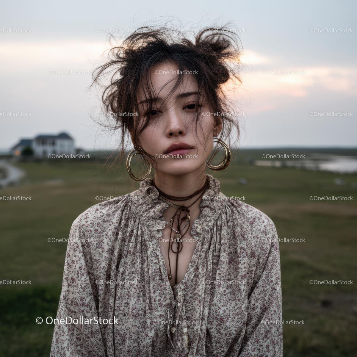 Bohemian Woman in Serene Countryside Landscape